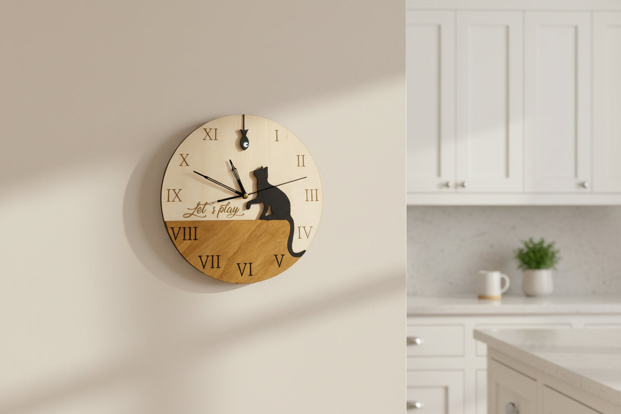 Wooden Cat Wall Clock | Modern Home Decor, Cat Lover Gift
