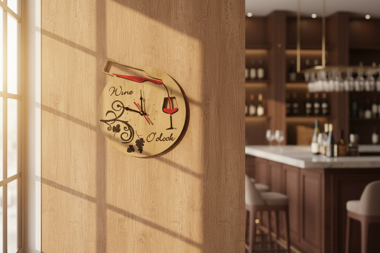 Wine O'Clock Wooden Wall Clock – Laser Cut Kitchen & Bar Decor