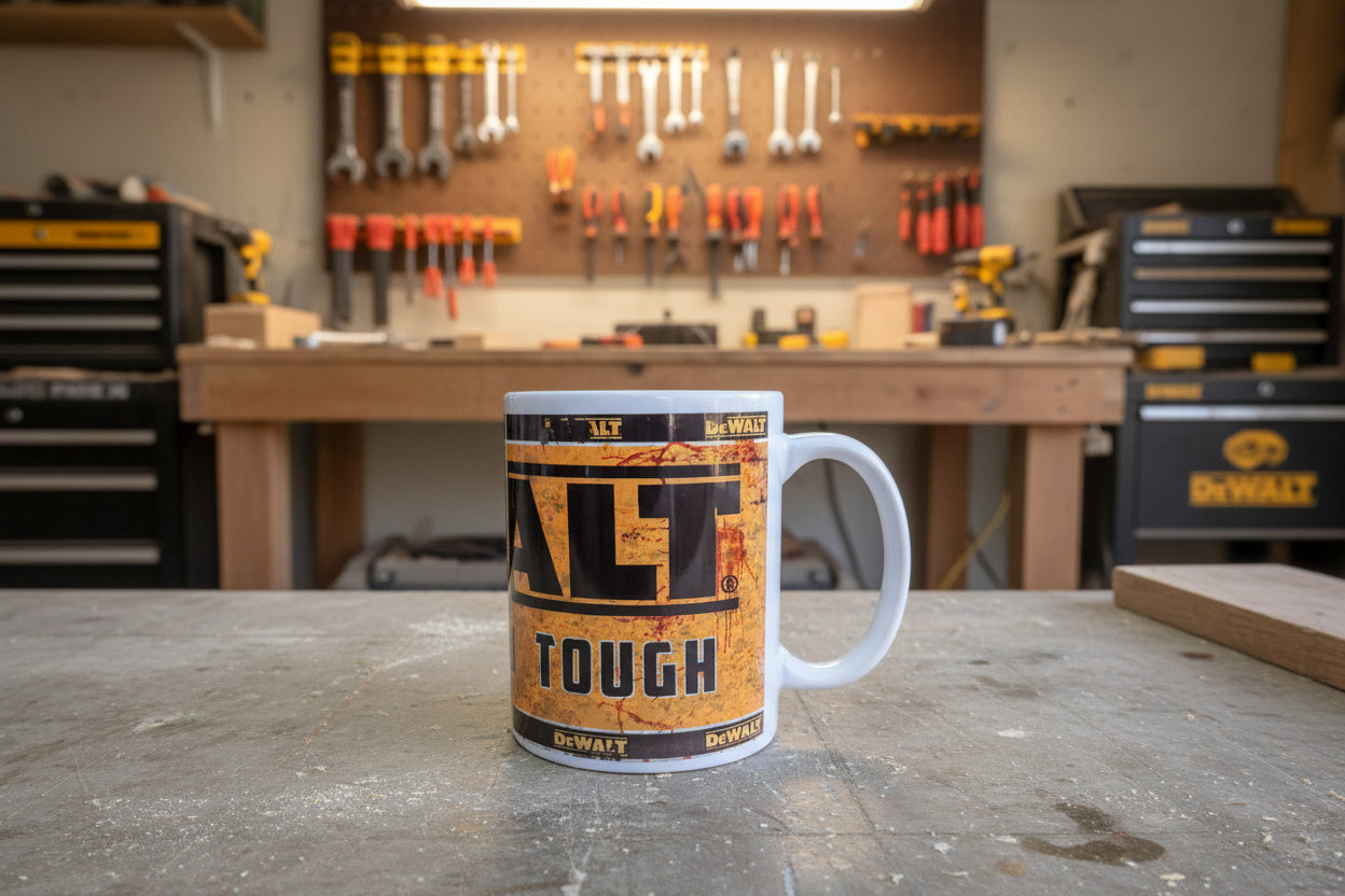 DeWalt Design Printed 11oz Mug | Tool-Inspired Coffee Cup | Heat Pressed Ceramic Mug | Tradesman Gift