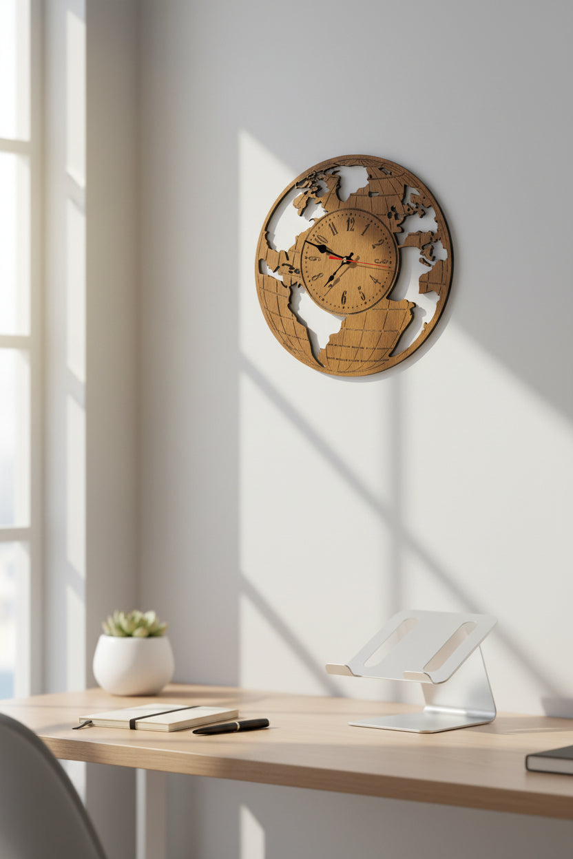 World Map Wooden Wall Clock | Handmade Laser Cut Wall Décor