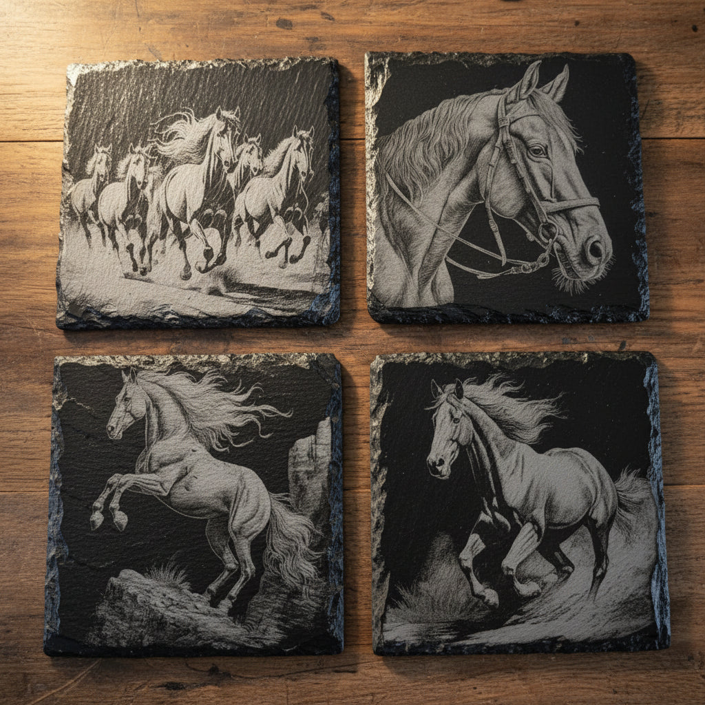 Handmade Engraved Set of 4 Horse Square Slate Coasters