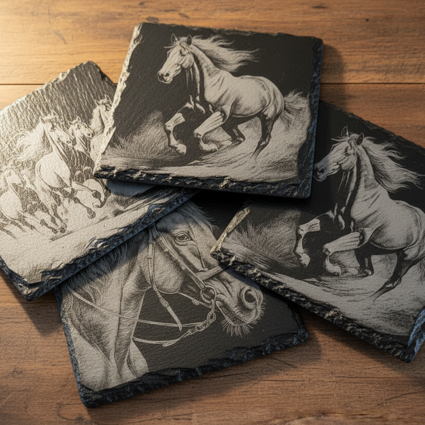Handmade Engraved Set of 4 Horse Square Slate Coasters