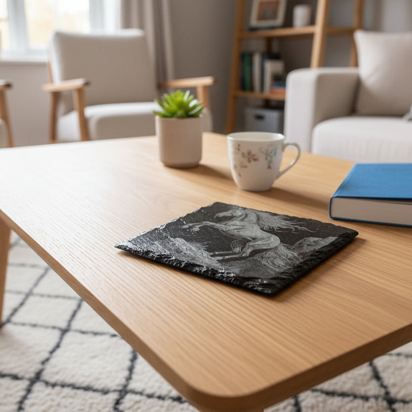 Handmade Engraved Set of 4 Horse Square Slate Coasters
