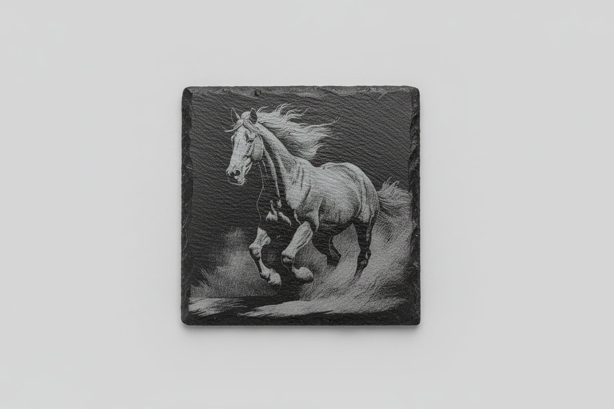 Handmade Engraved Set of 4 Horse Square Slate Coasters