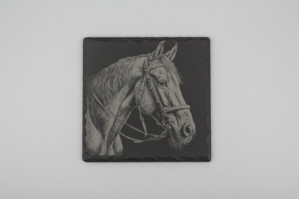 Handmade Engraved Set of 4 Horse Square Slate Coasters