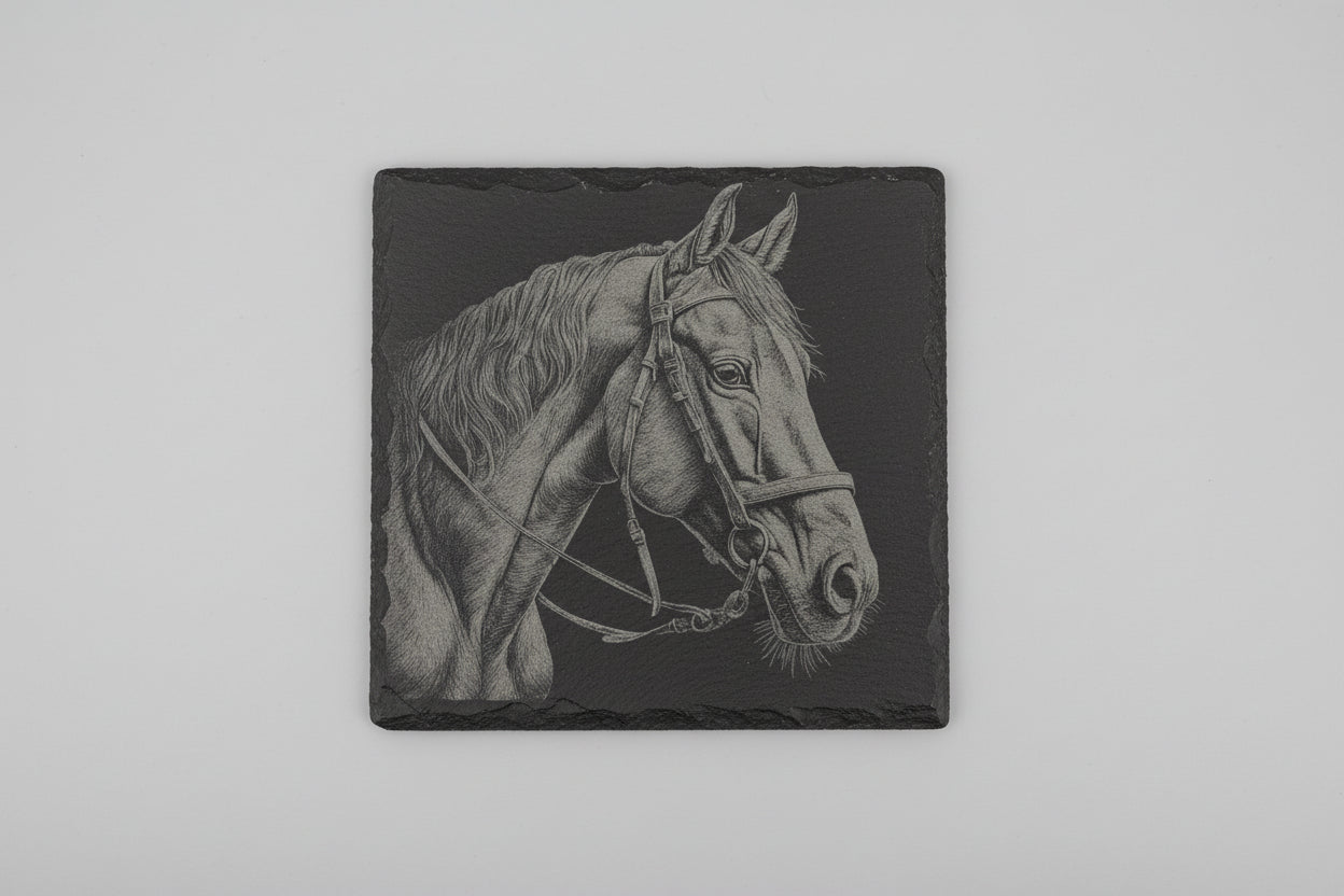 Handmade Engraved Set of 4 Horse Square Slate Coasters