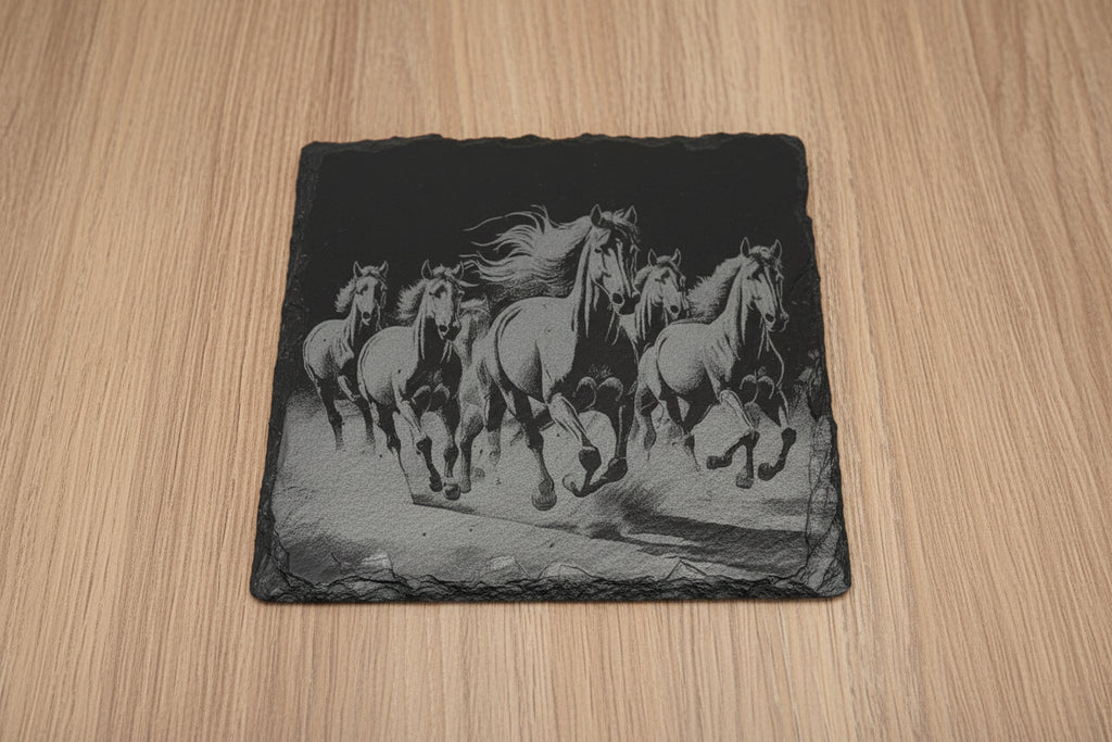 Handmade Engraved Set of 4 Horse Square Slate Coasters